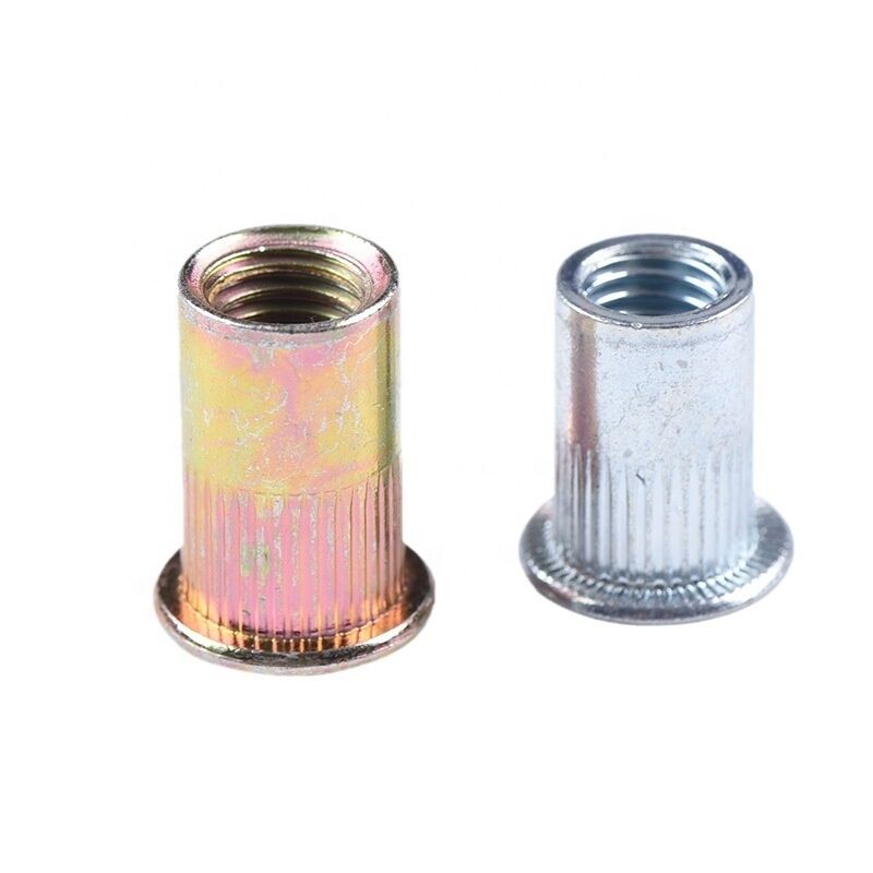 Metric Measurement System Carbon Steel Big Round Flat Head Knurled Body Rivet Nut with Color Zinc Plated FH-KB